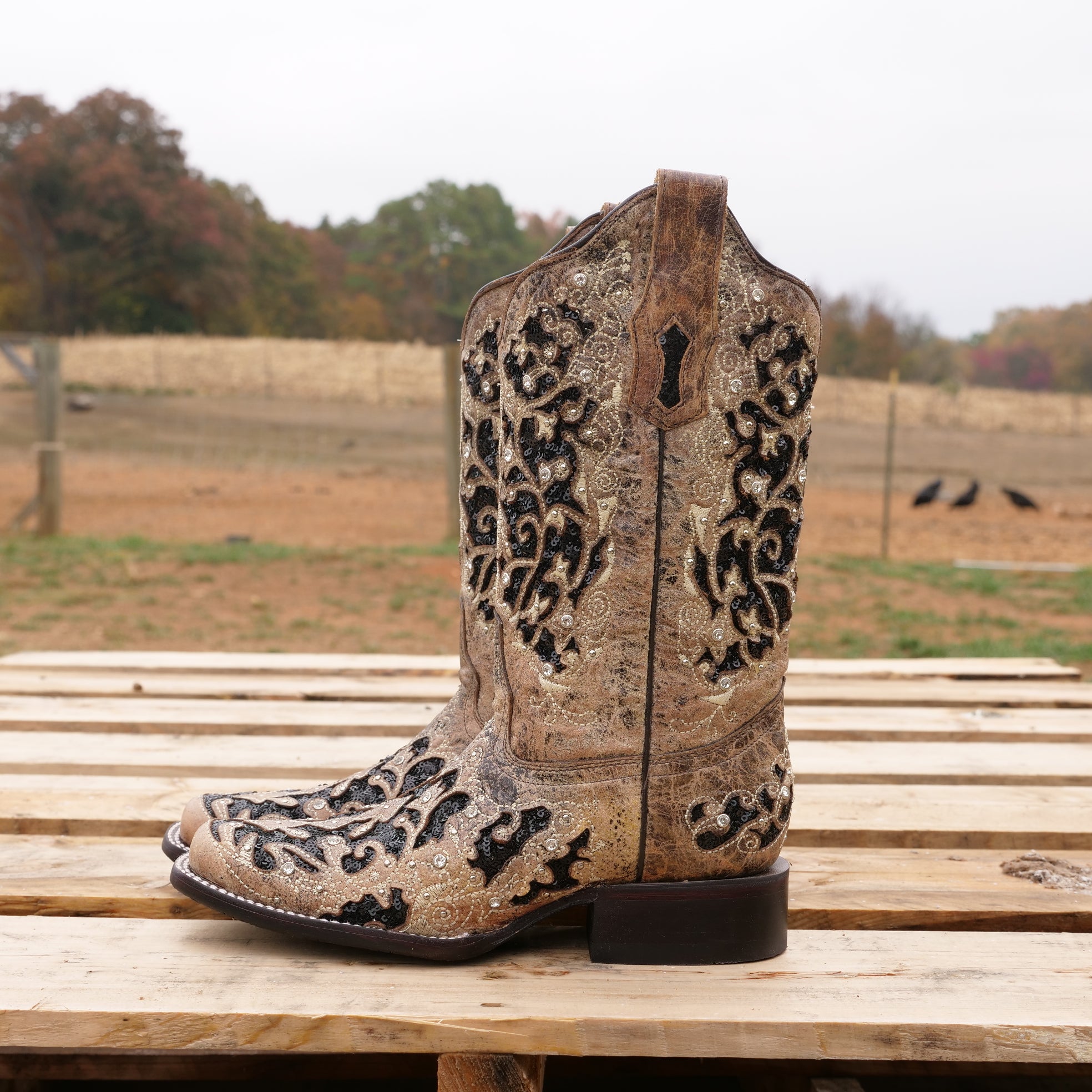 Glitter Inlay Corral Womens Boots Square Toe Glitter Inlay Cowgirl