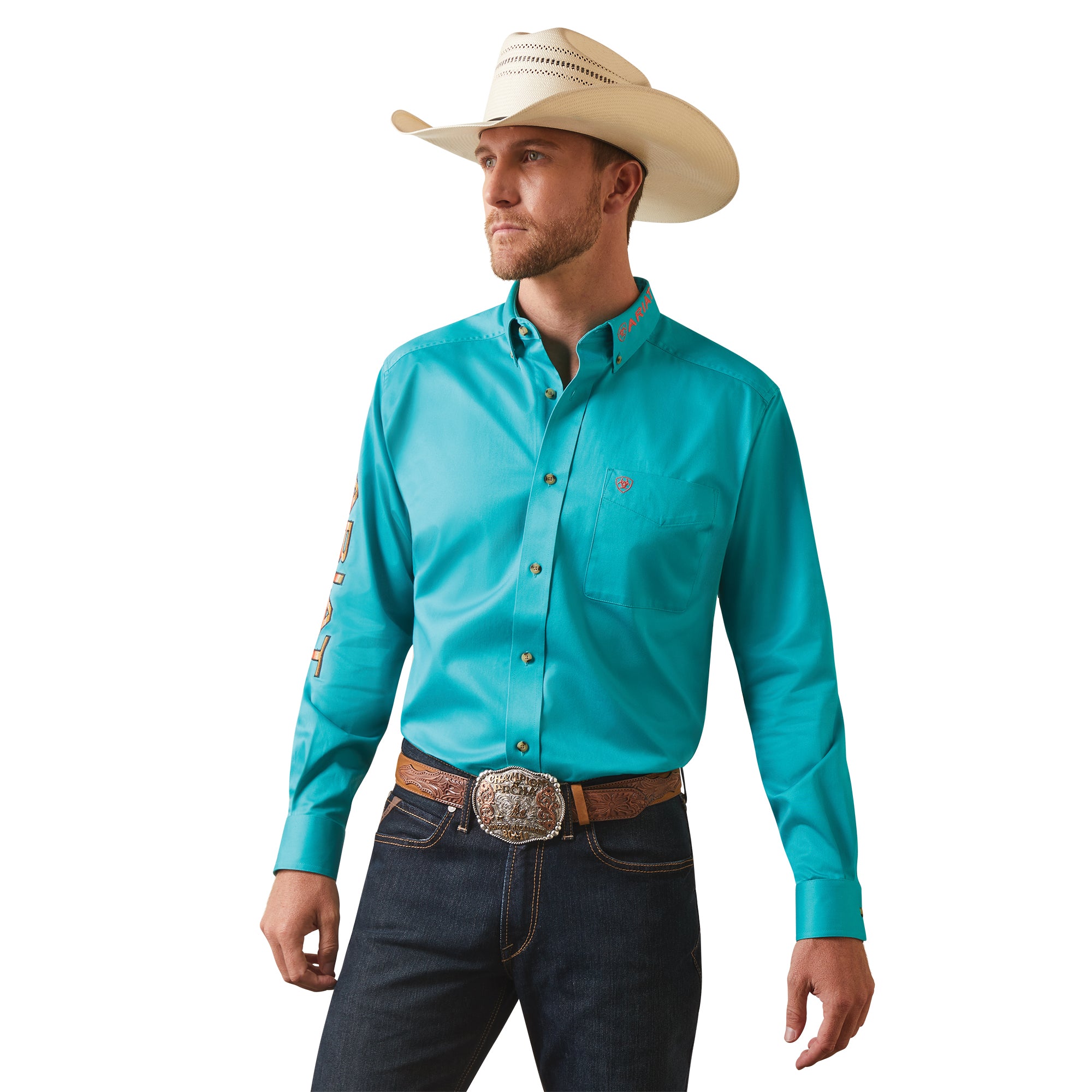 Ariat Men's Team Logo Twill Fitted Shirt Teal – ELP Western