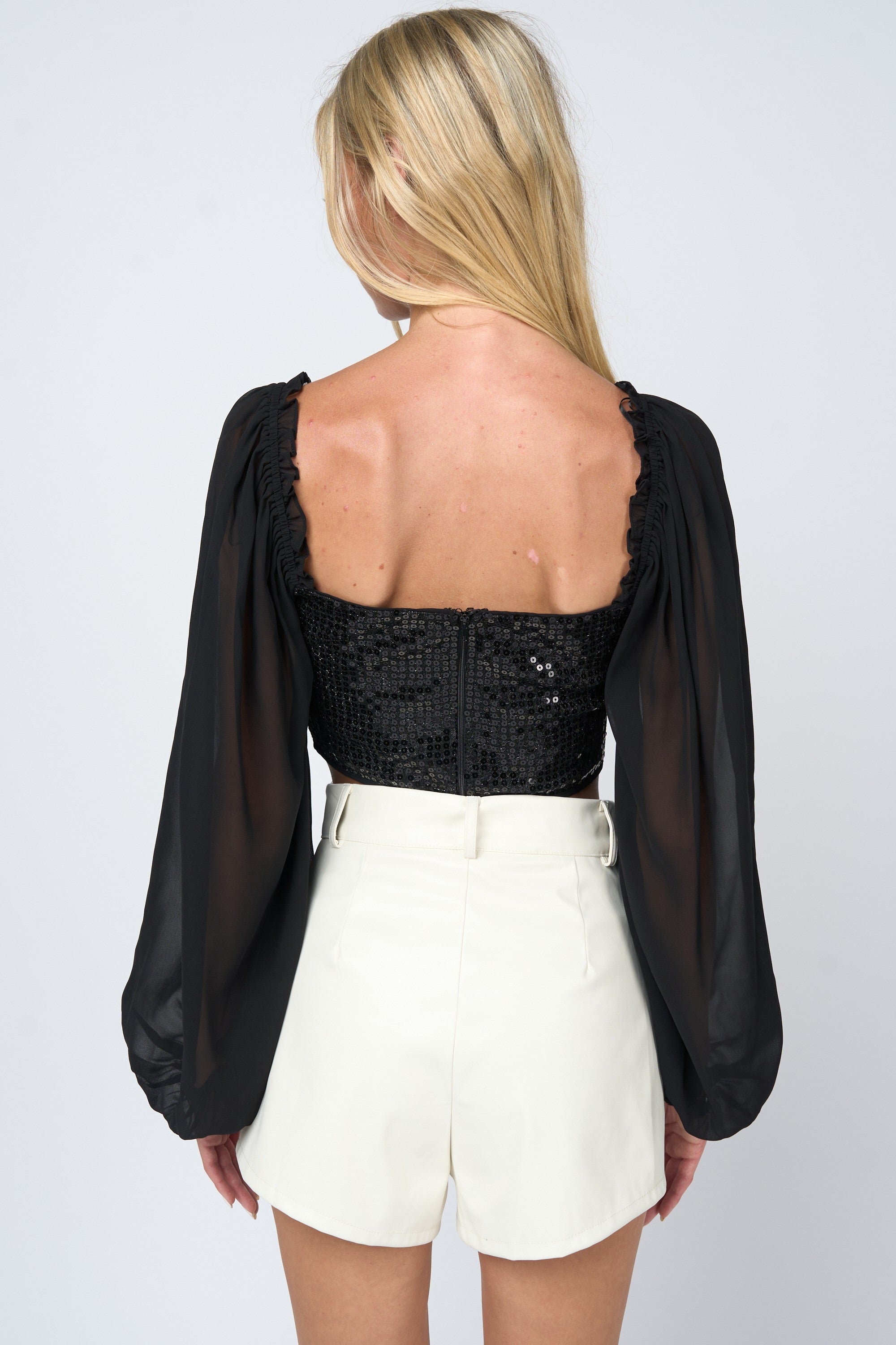 Black Luxe Stretch Sequins Lace Chiffon Peasant Crop Top