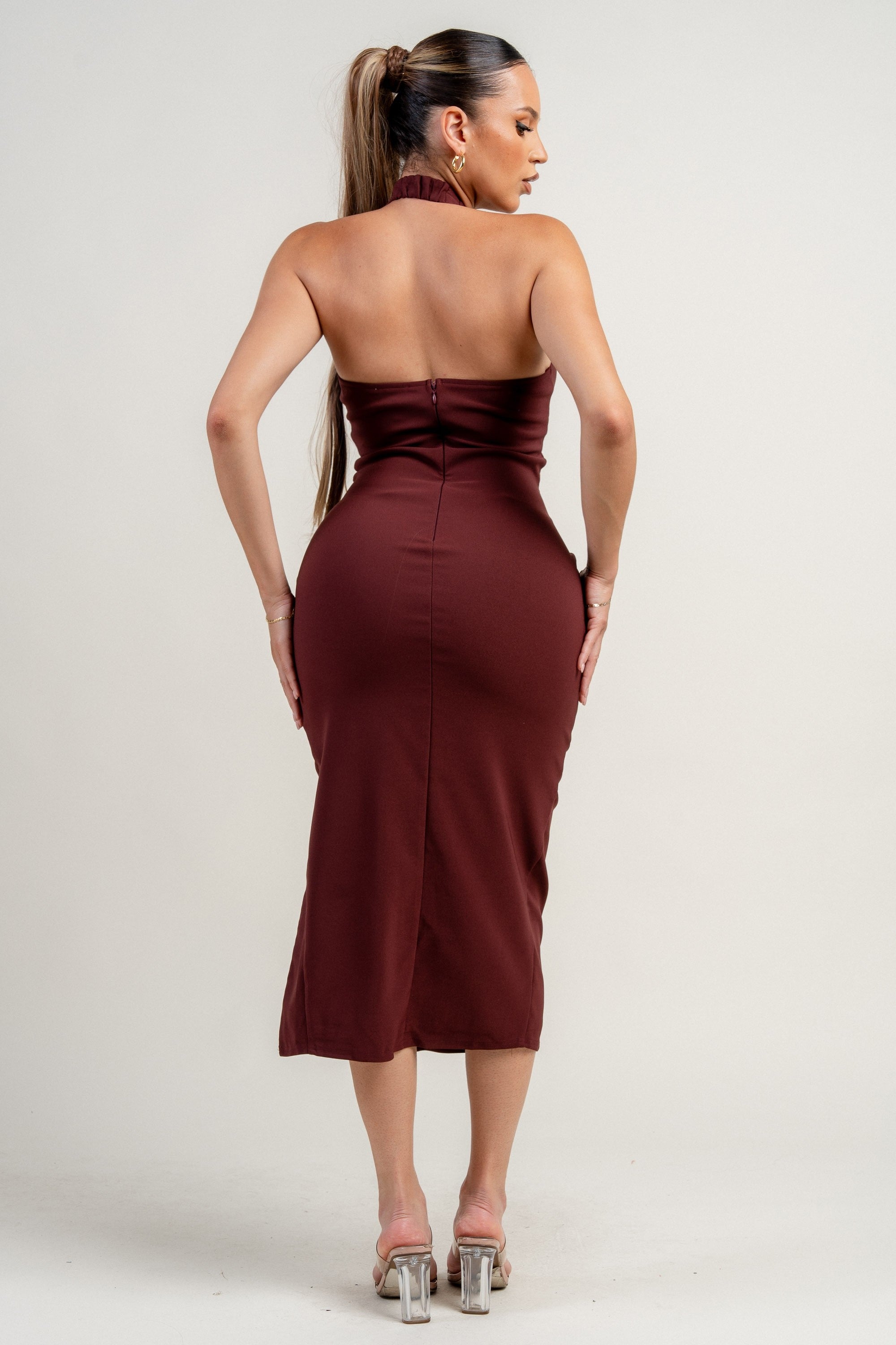 DK Cherry Halter Neck Mesh Inset Trim Front Slit Midi Dress