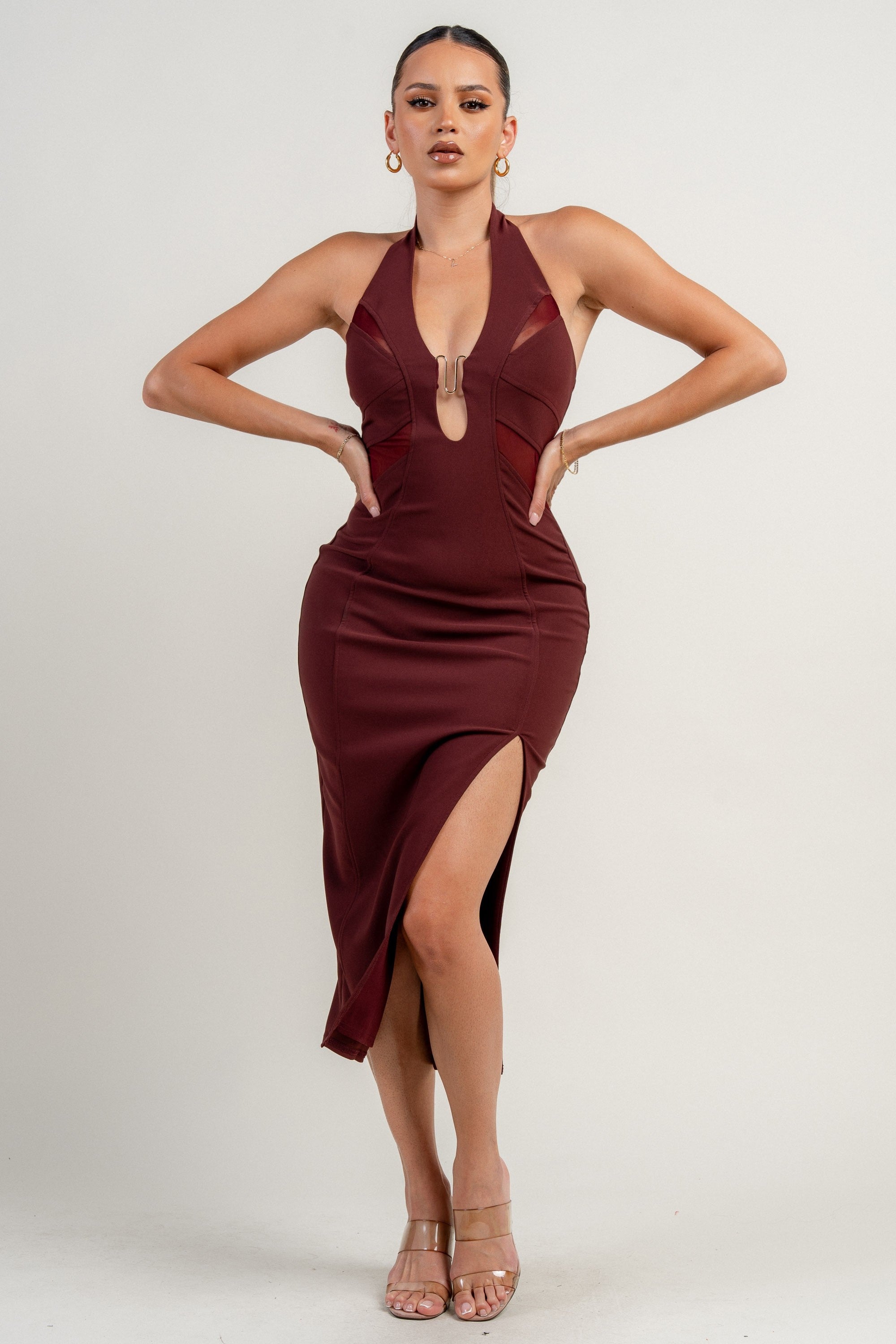 DK Cherry Halter Neck Mesh Inset Trim Front Slit Midi Dress M DK Cherry Halter Neck Mesh Inset Trim Front Slit Midi Dress M