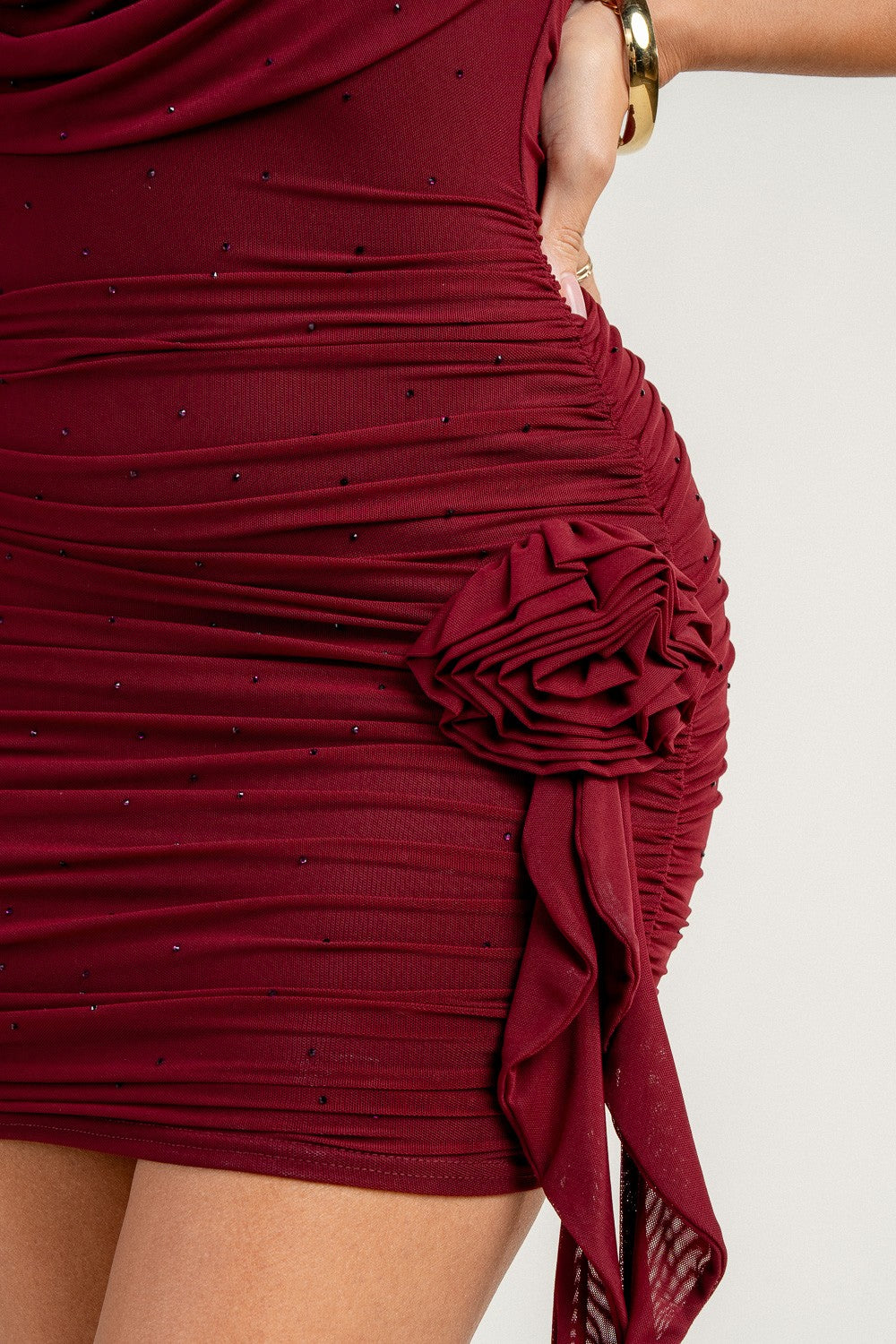 Burgundy Luxe Hotfix Mesh Cowl Neck Rosette Drap Mini Dress