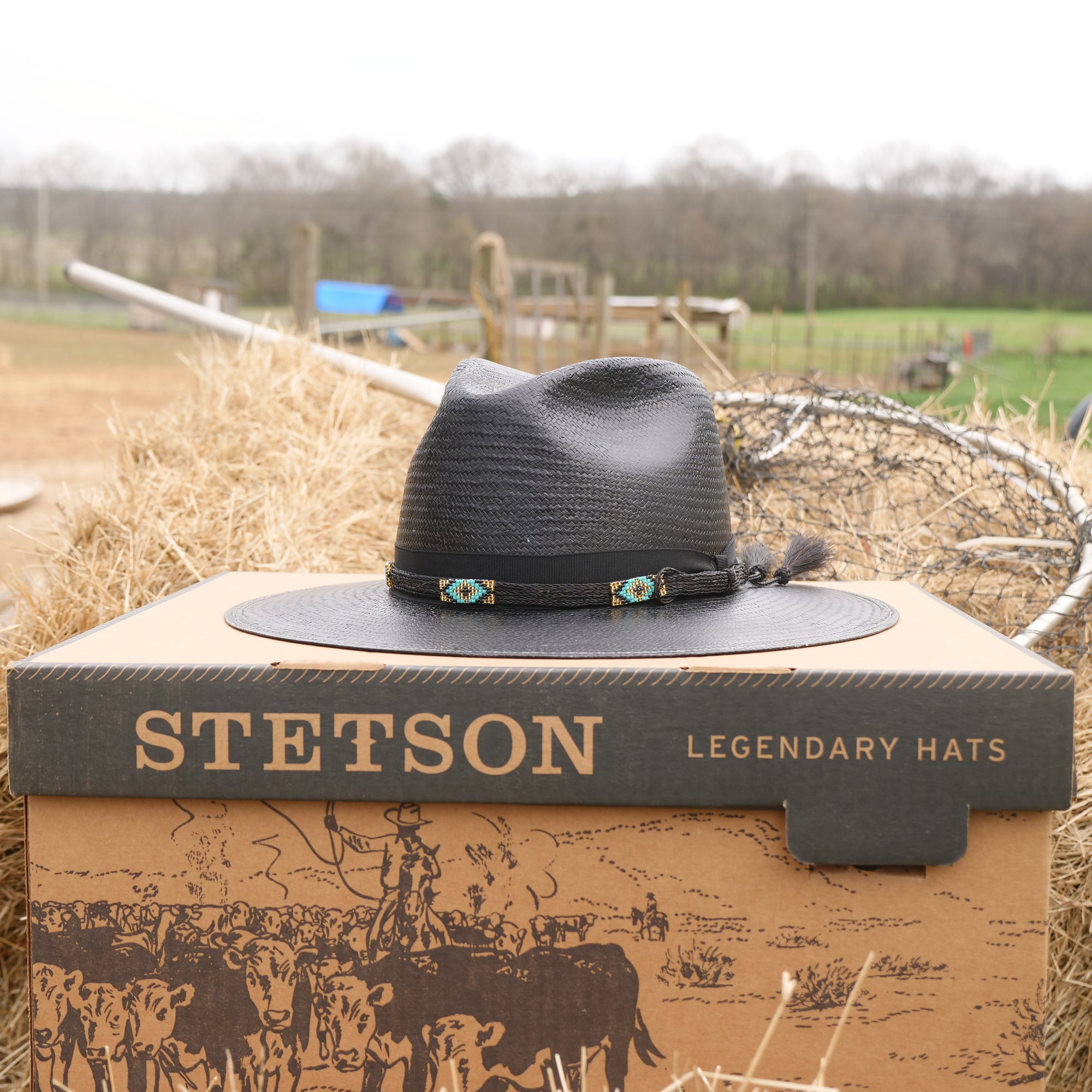 Black stetson straw fedora hat for summer