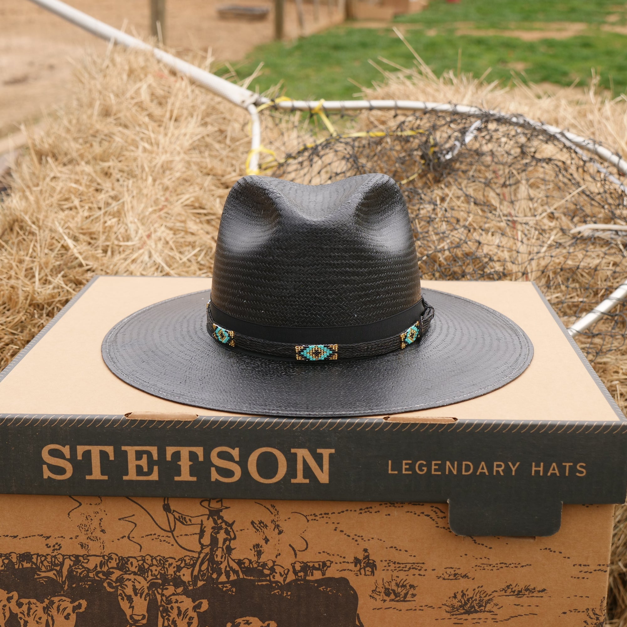 stetson black straw hat flat brim